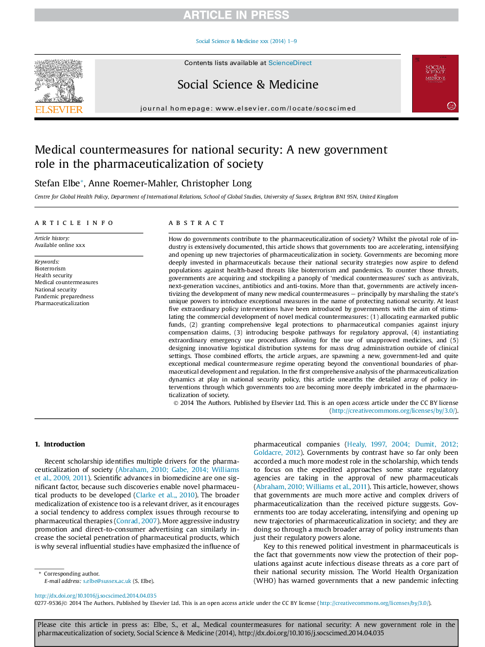 Medical countermeasures for national security: A new government role in the pharmaceuticalization of society