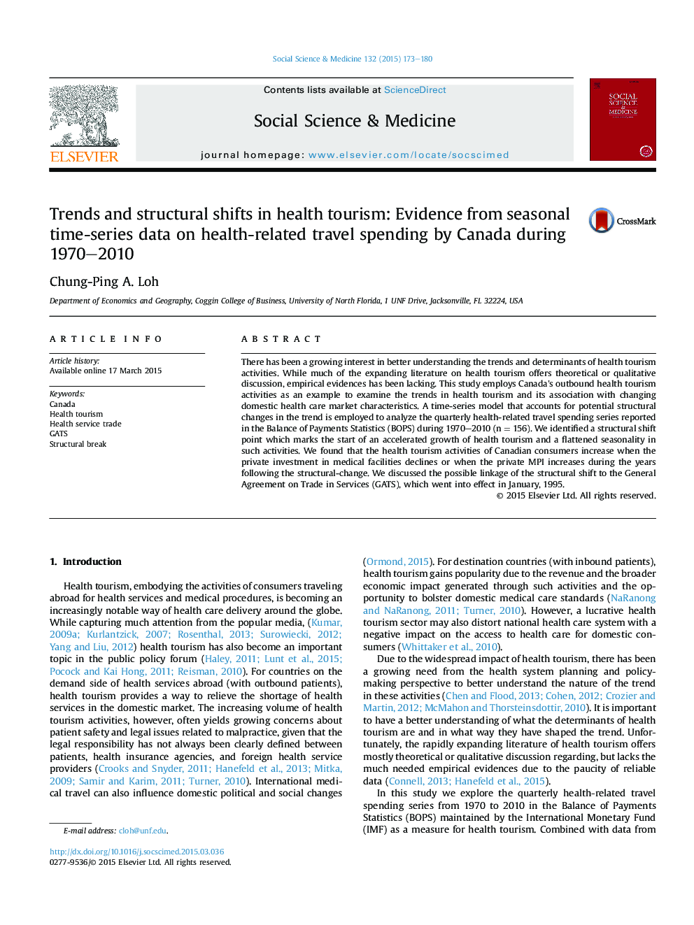 روند و تغییرات ساختاری در گردشگری بهداشتی: شواهد حاصل از داده های سری زمانی فصلی مربوط به هزینه سفرهای مربوط به سلامت توسط کانادا طی سال های 1970 تا 2010 
