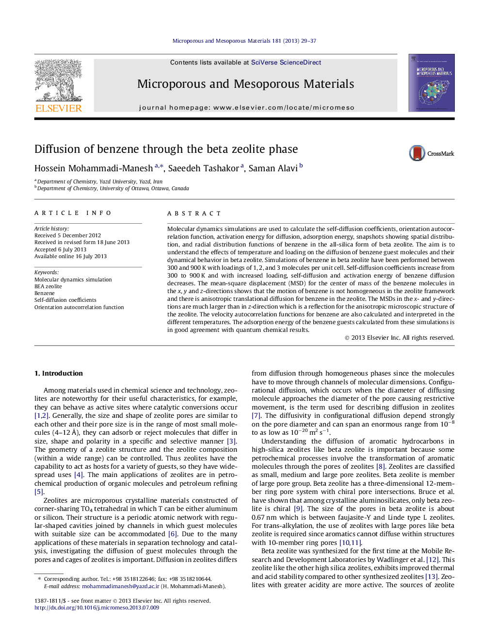 Diffusion of benzene through the beta zeolite phase