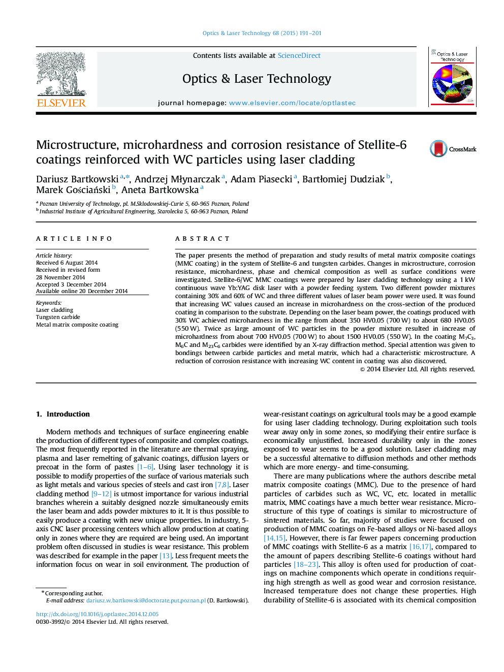 Microstructure, microhardness and corrosion resistance of Stellite-6 coatings reinforced with WC particles using laser cladding