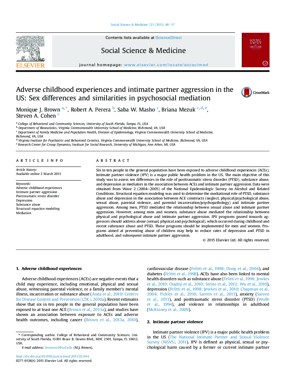 Adverse childhood experiences and intimate partner aggression in the US: Sex differences and similarities in psychosocial mediation