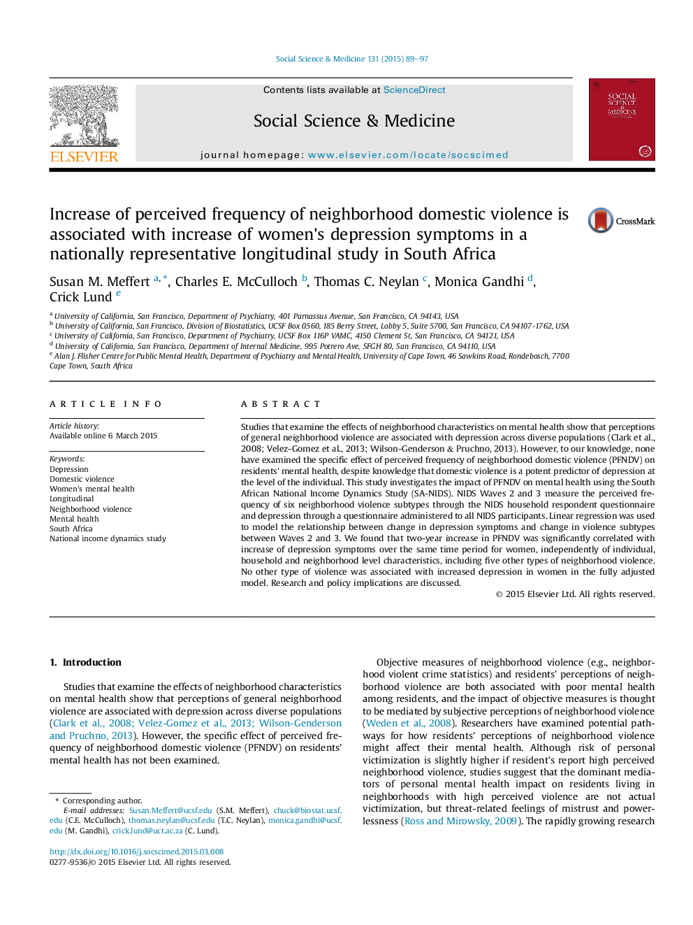 Increase of perceived frequency of neighborhood domestic violence is associated with increase of women's depression symptoms in a nationally representative longitudinal study in South Africa