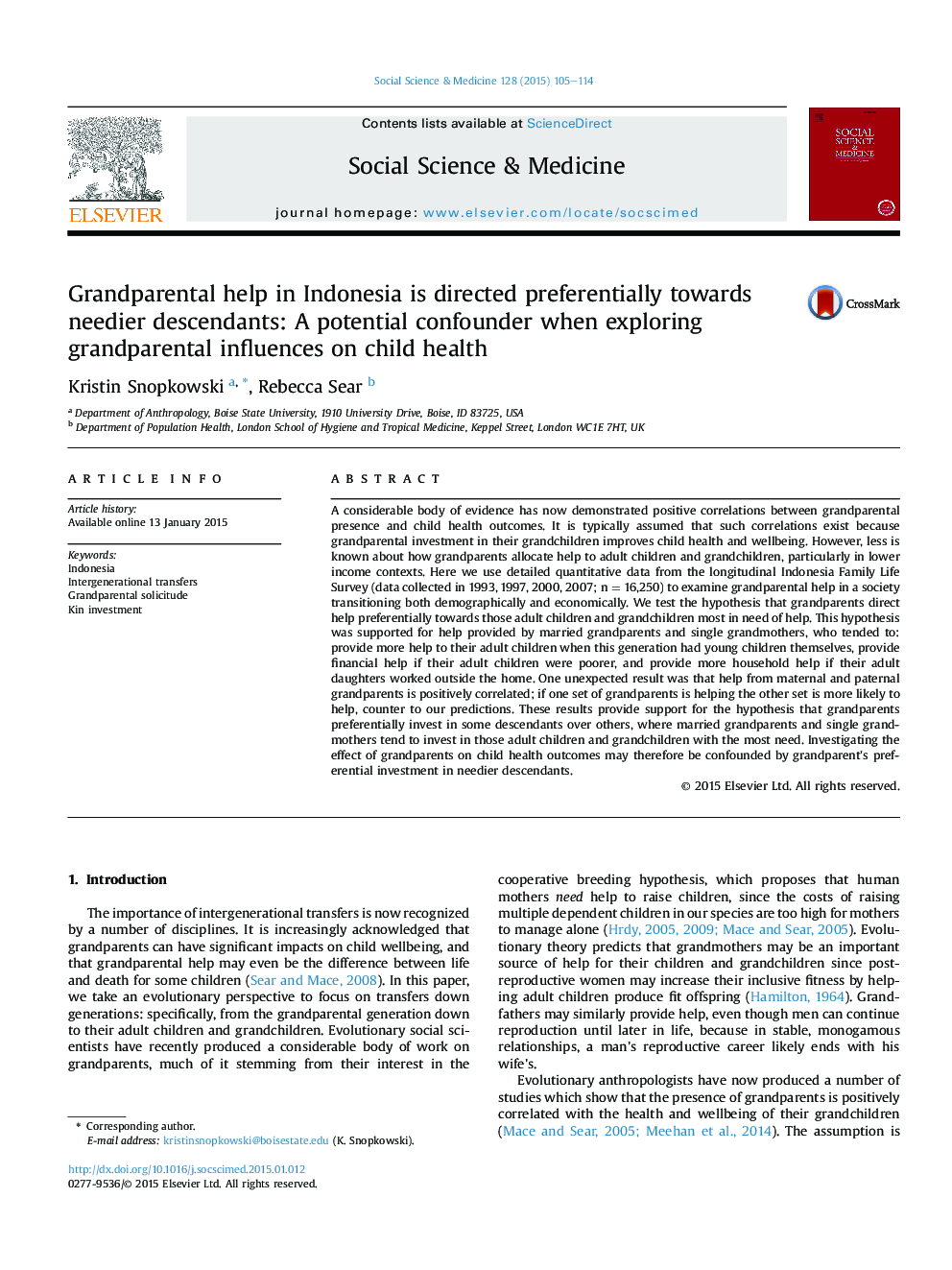 Grandparental help in Indonesia is directed preferentially towards needier descendants: A potential confounder when exploring grandparental influences on child health