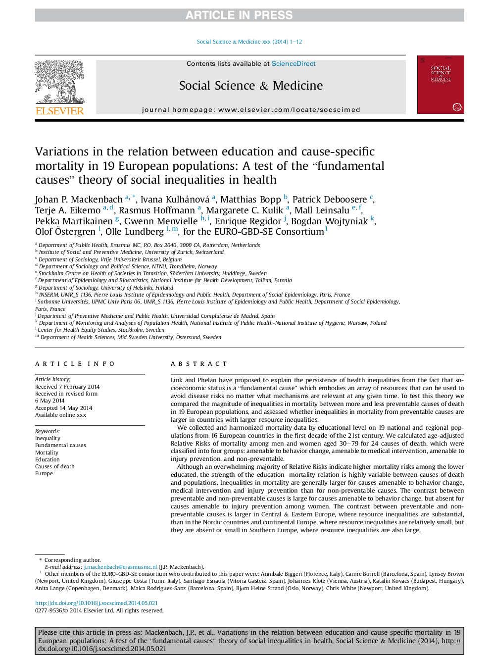 Variations in the relation between education and cause-specific mortality in 19 European populations: A test of the “fundamental causes” theory of social inequalities in health