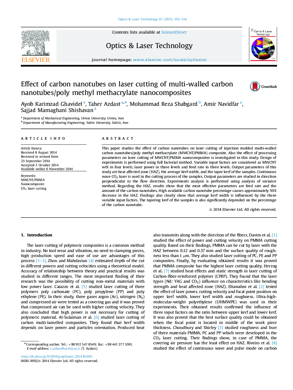 Effect of carbon nanotubes on laser cutting of multi-walled carbon nanotubes/poly methyl methacrylate nanocomposites