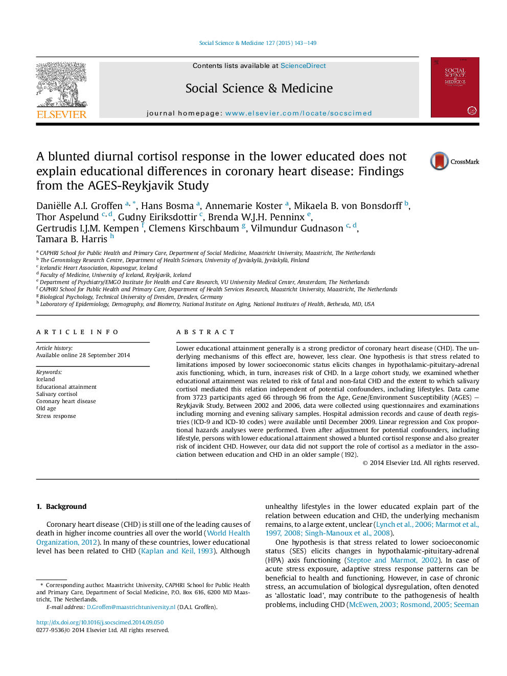 A blunted diurnal cortisol response in the lower educated does not explain educational differences in coronary heart disease: Findings from the AGES-Reykjavik Study