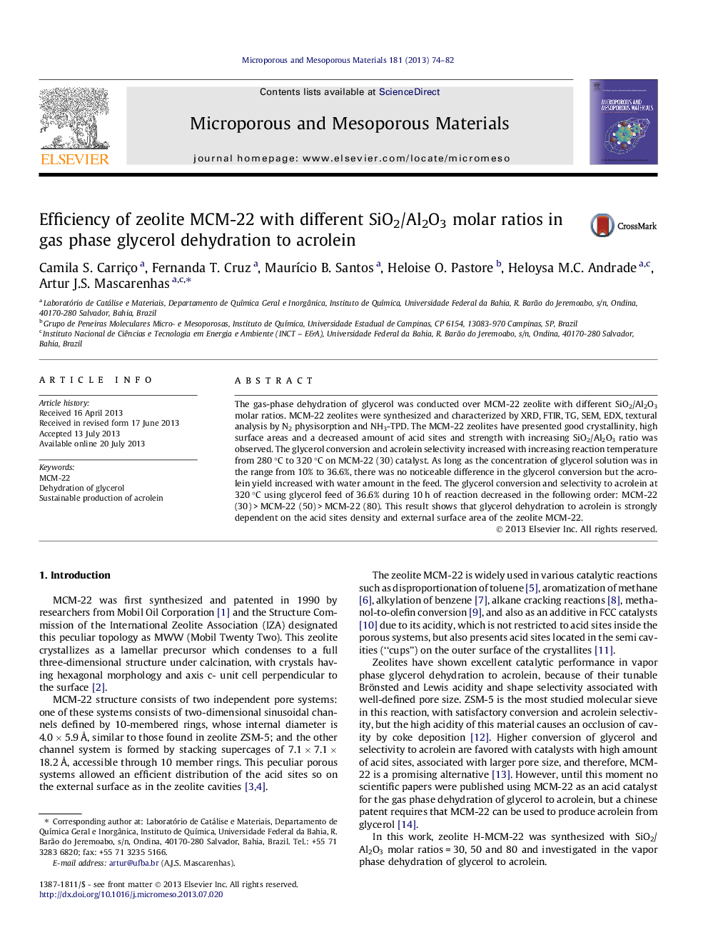 Efficiency of zeolite MCM-22 with different SiO2/Al2O3 molar ratios in gas phase glycerol dehydration to acrolein