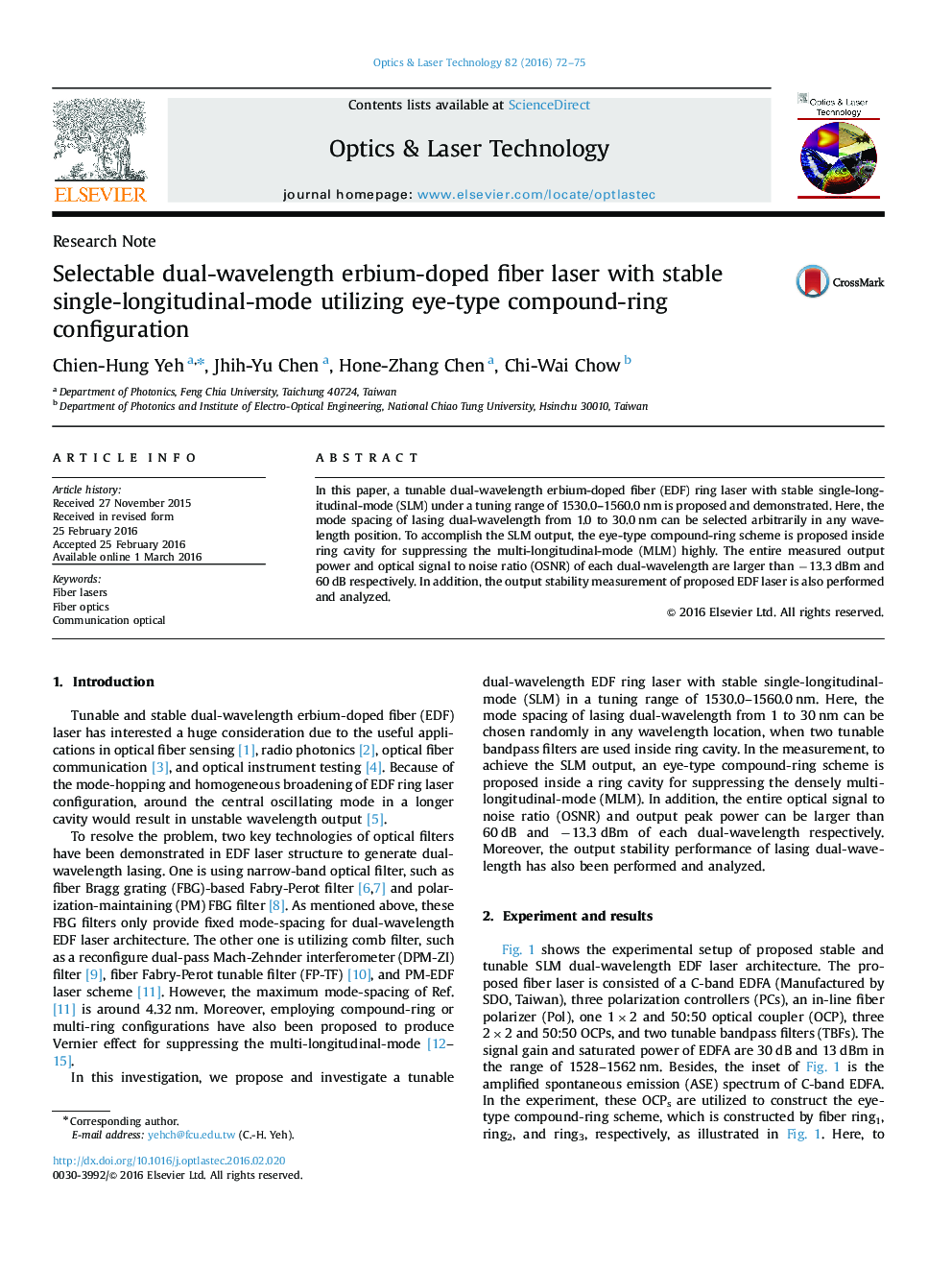 Selectable dual-wavelength erbium-doped fiber laser with stable single-longitudinal-mode utilizing eye-type compound-ring configuration