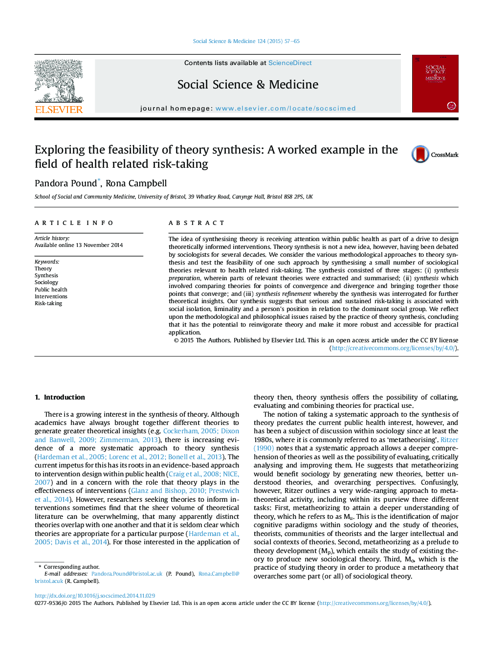 Exploring the feasibility of theory synthesis: A worked example in the field of health related risk-taking