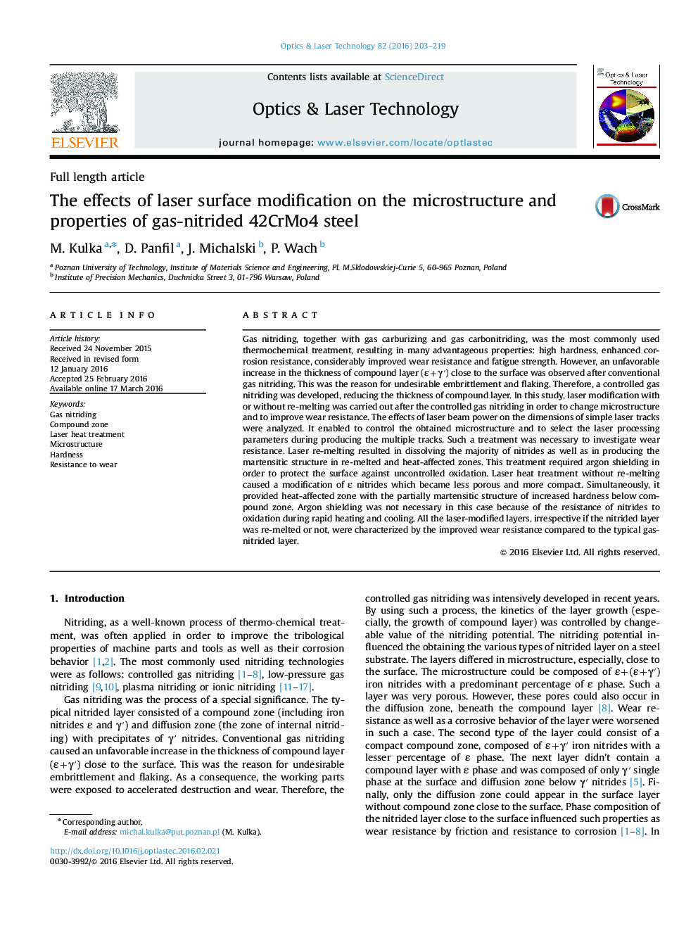 The effects of laser surface modification on the microstructure and properties of gas-nitrided 42CrMo4 steel