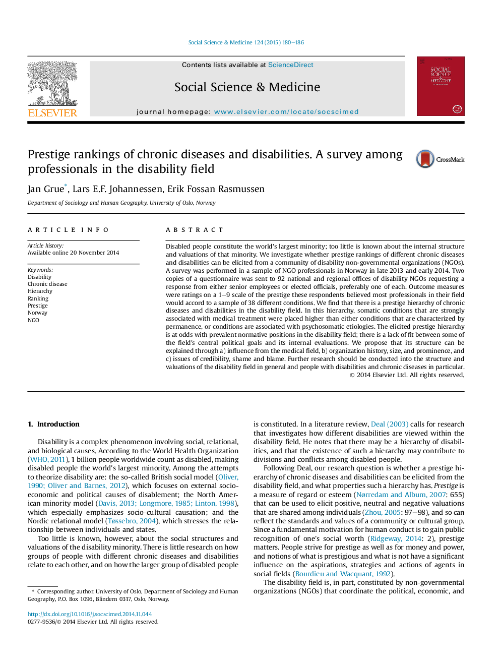 Prestige rankings of chronic diseases and disabilities. A survey among professionals in the disability field