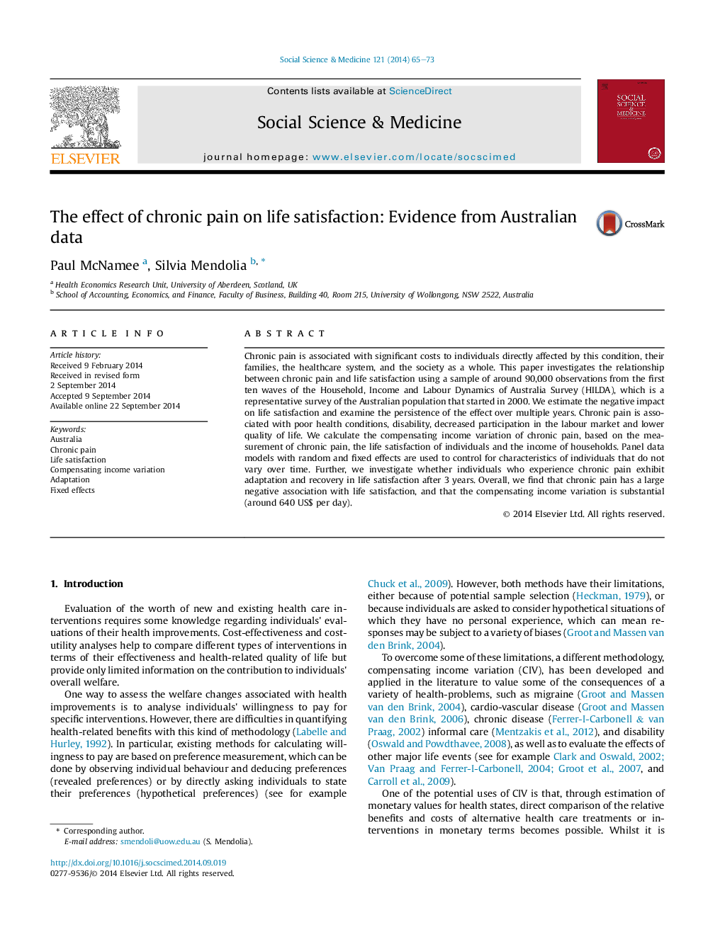 The effect of chronic pain on life satisfaction: Evidence from Australian data