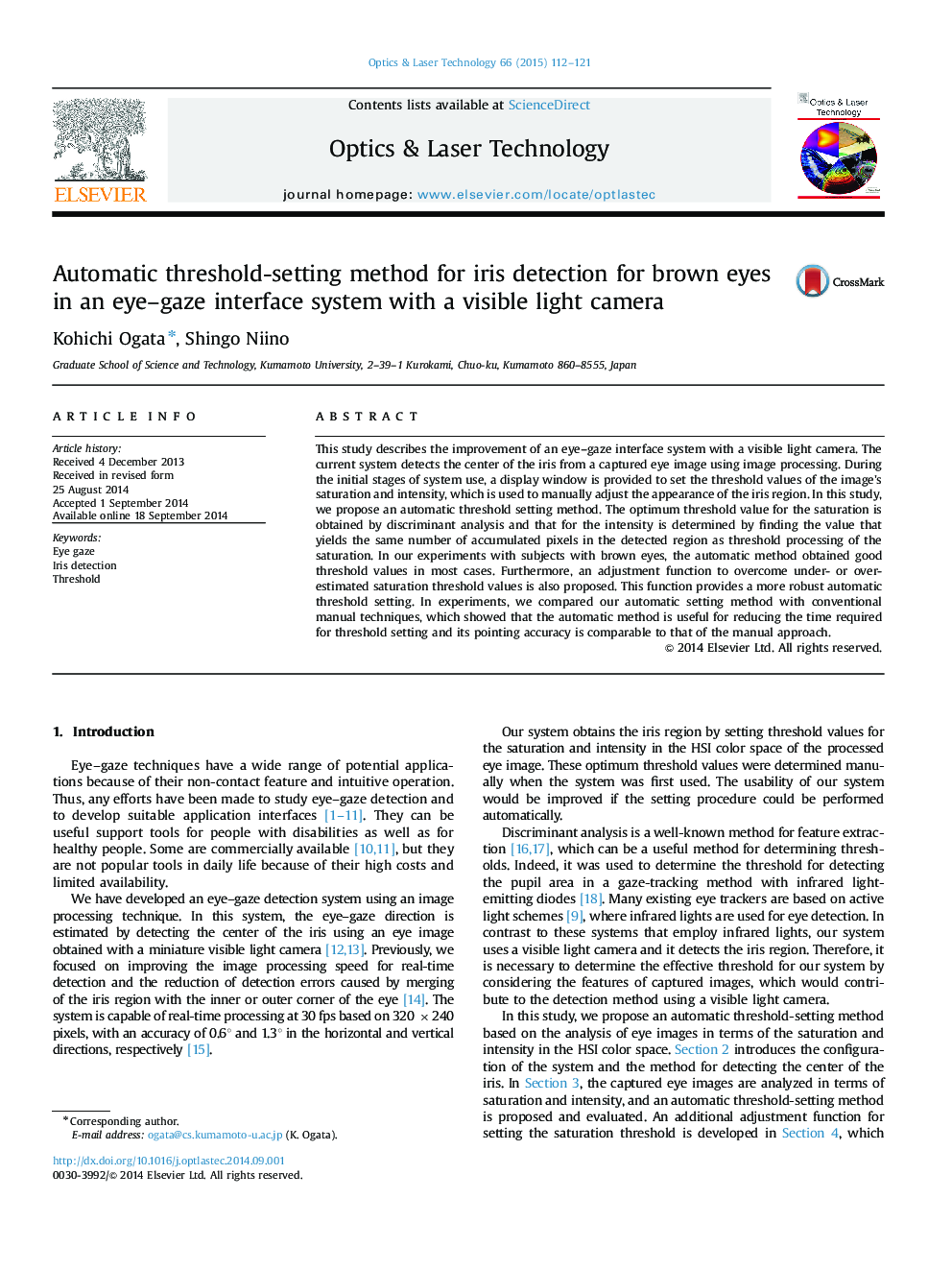 Automatic threshold-setting method for iris detection for brown eyes in an eye–gaze interface system with a visible light camera