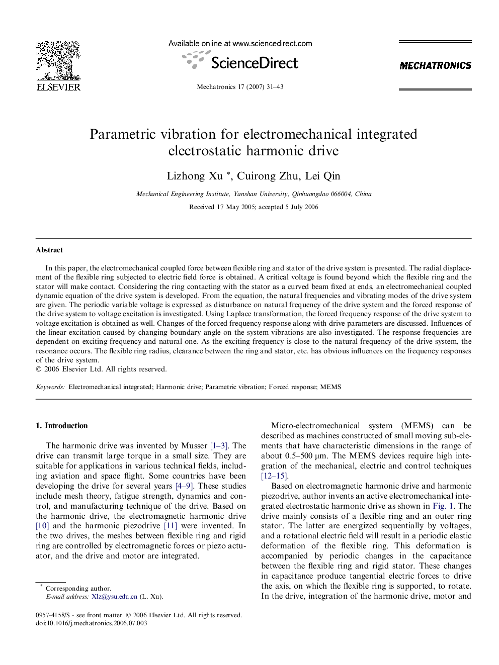 Parametric vibration for electromechanical integrated electrostatic harmonic drive