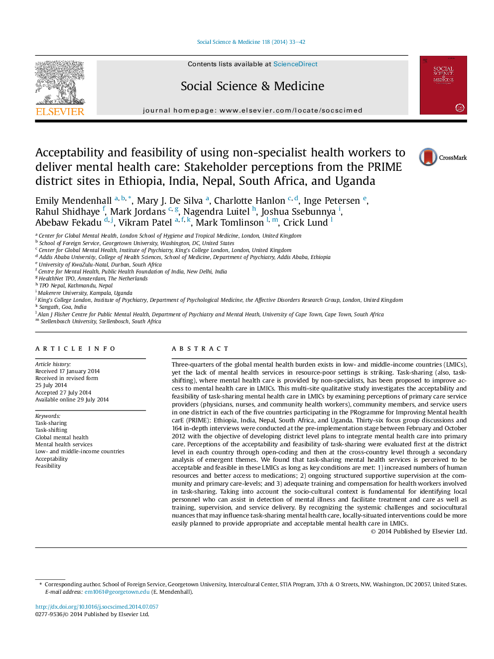 Acceptability and feasibility of using non-specialist health workers to deliver mental health care: Stakeholder perceptions from the PRIME district sites in Ethiopia, India, Nepal, South Africa, and Uganda