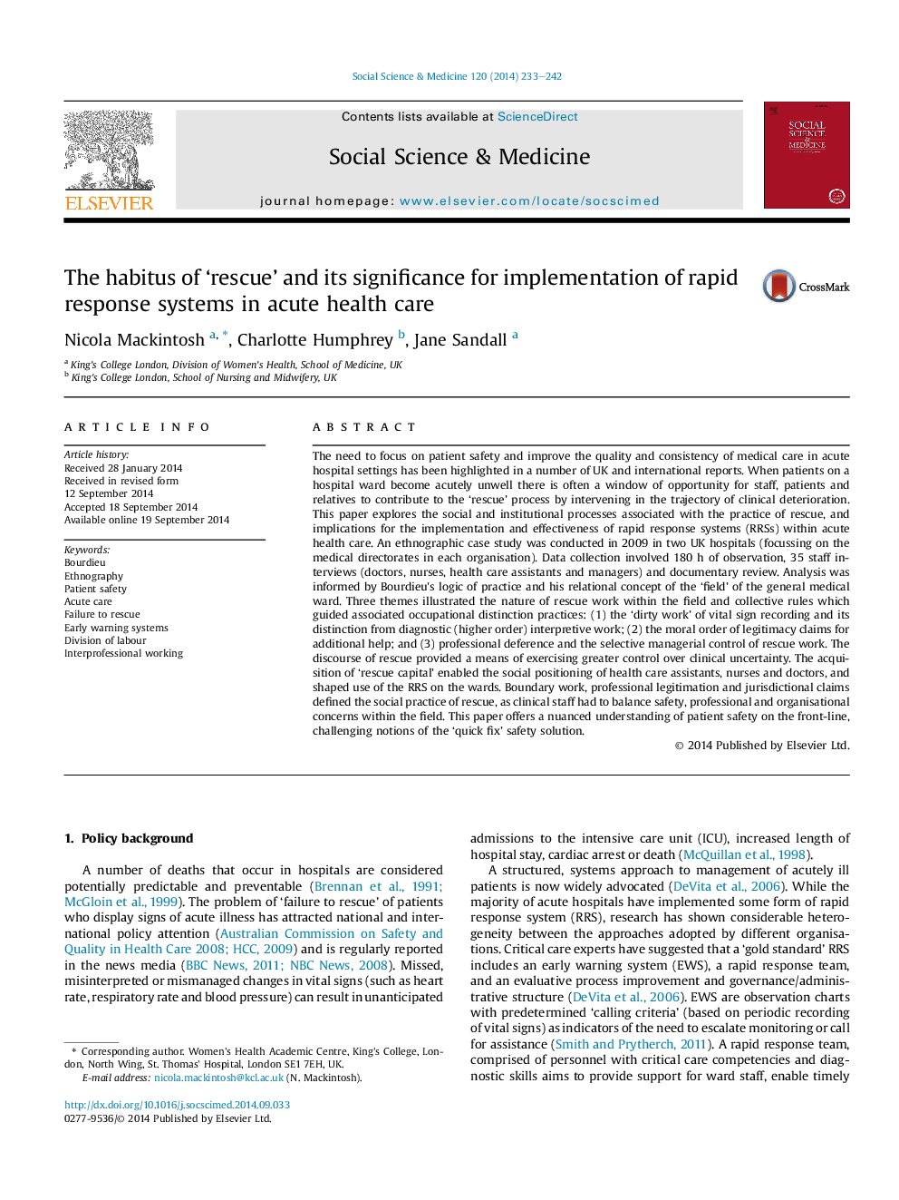 The habitus of 'rescue' and its significance for implementation of rapid response systems in acute health care