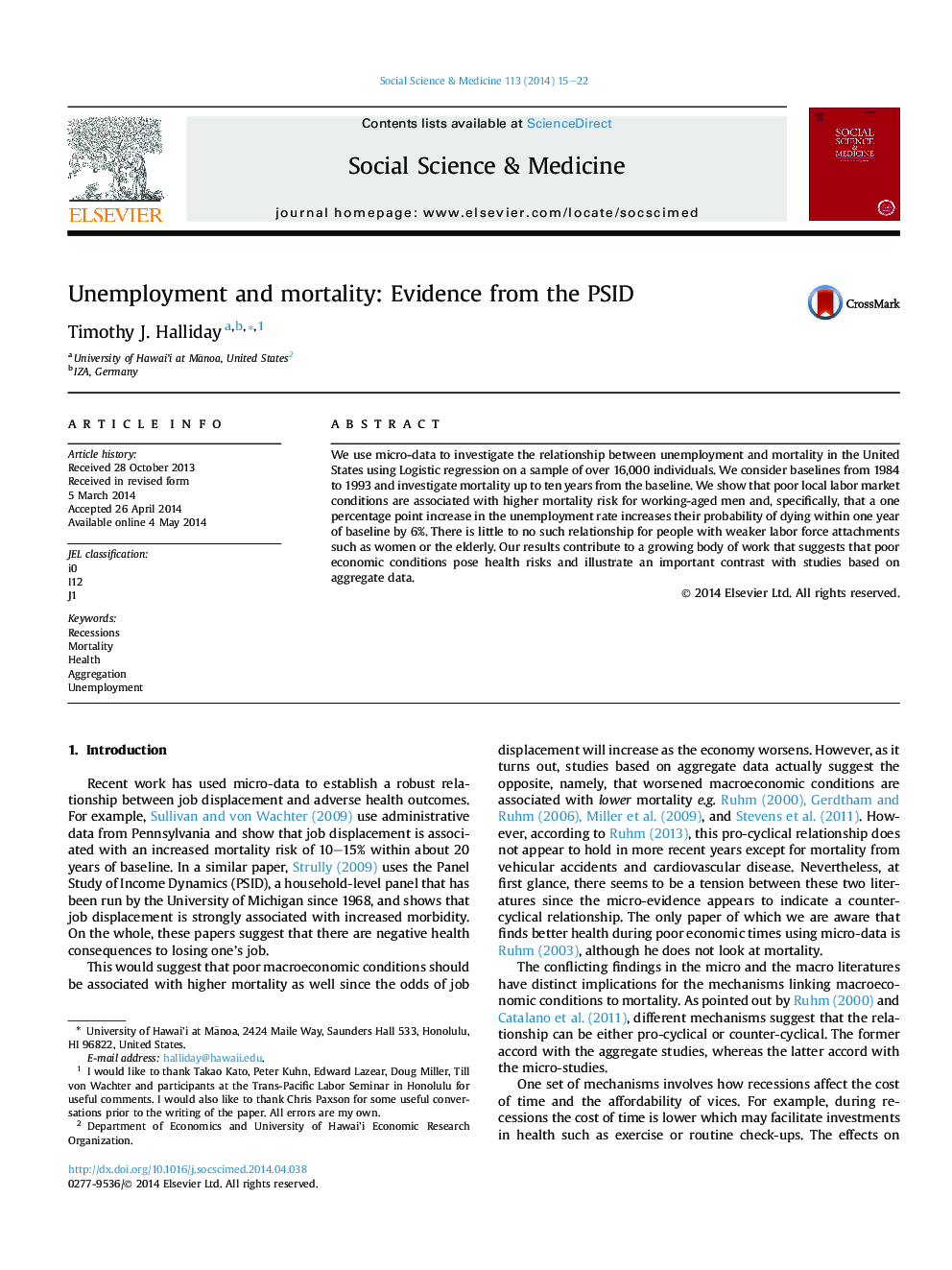 Unemployment and mortality: Evidence from the PSID