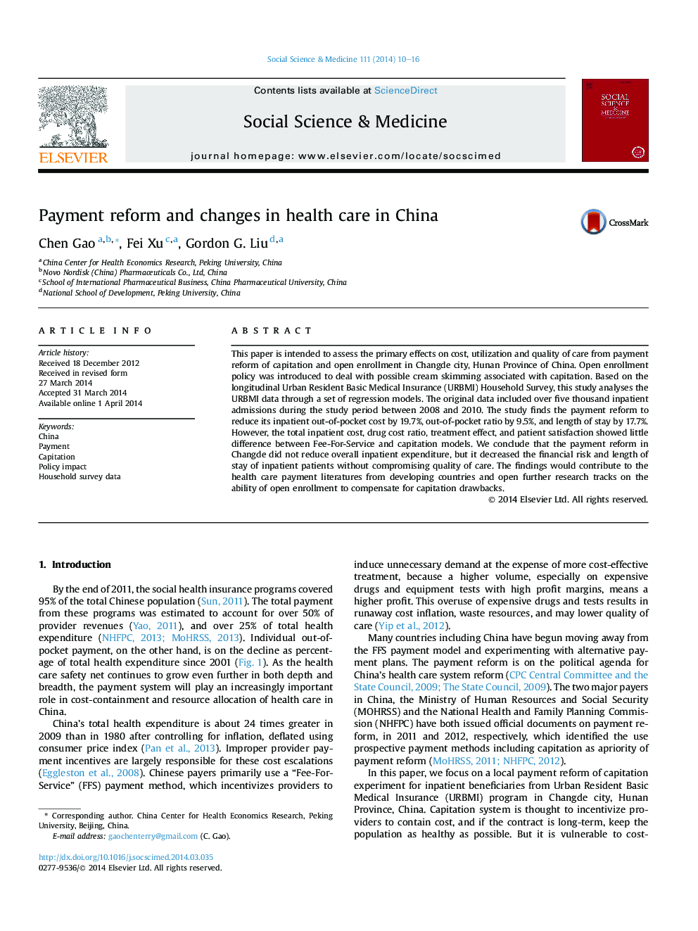 Payment reform and changes in health care in China