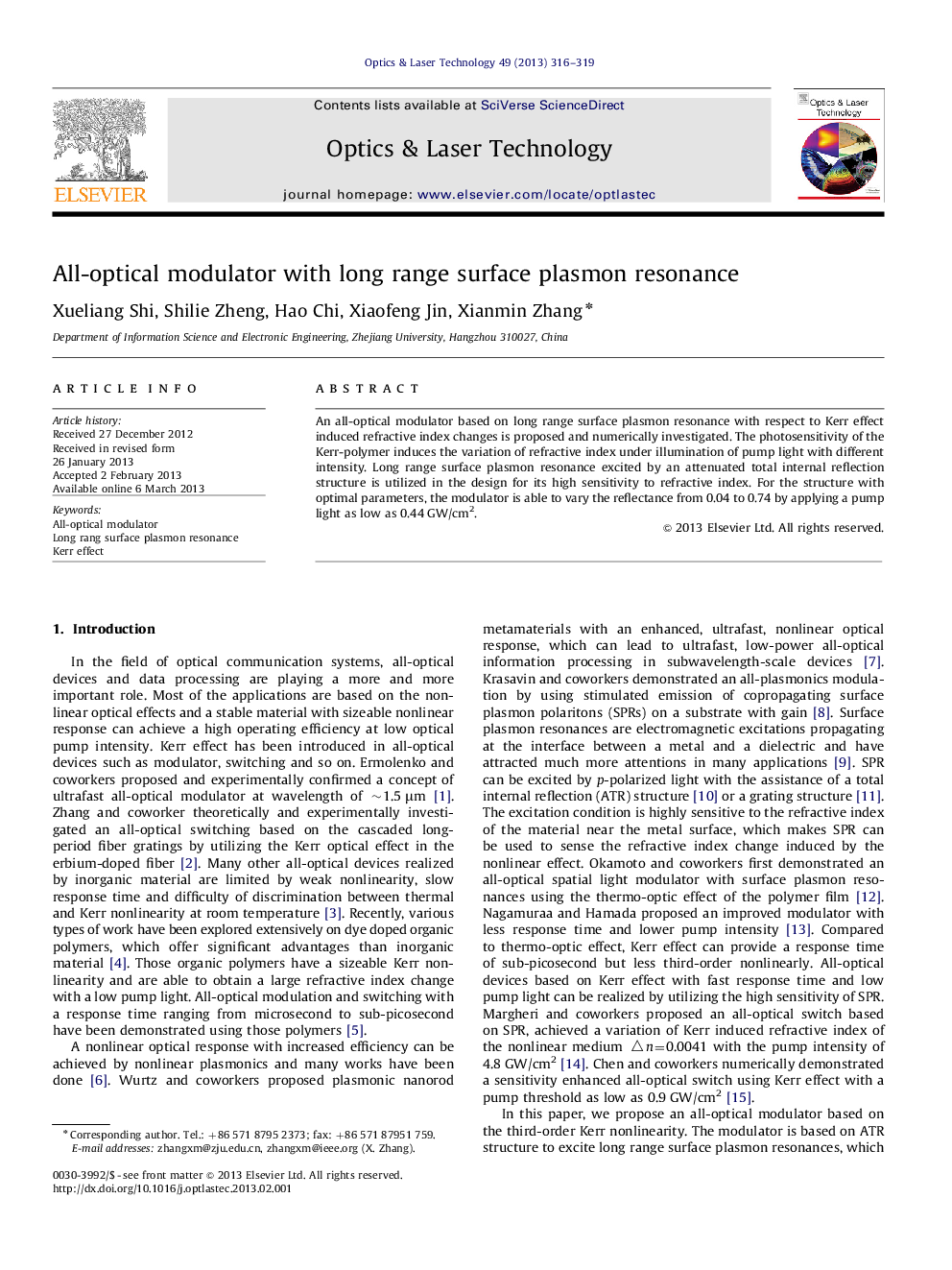 All-optical modulator with long range surface plasmon resonance