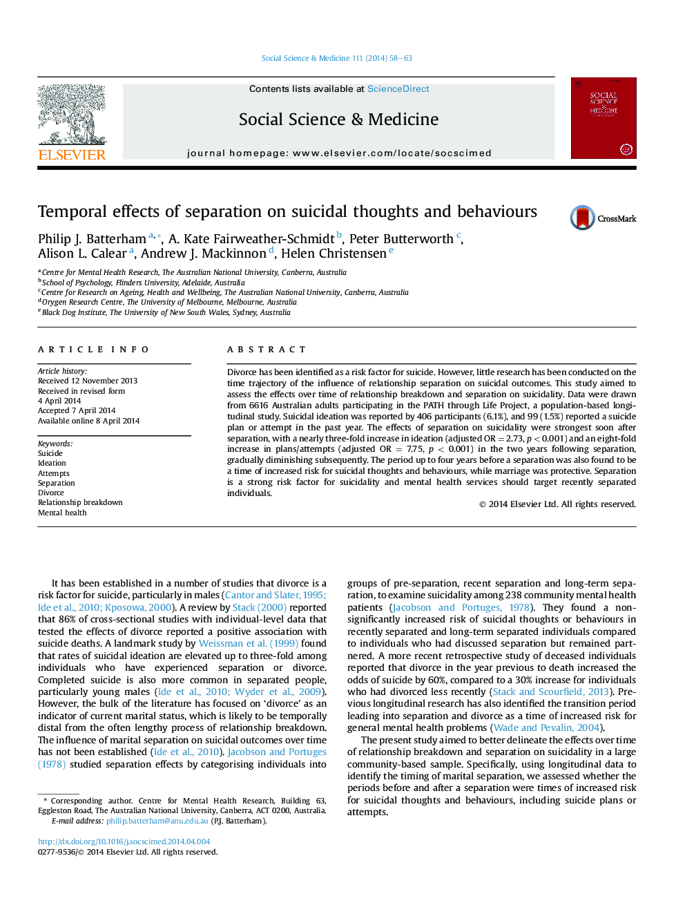 Temporal effects of separation on suicidal thoughts and behaviours