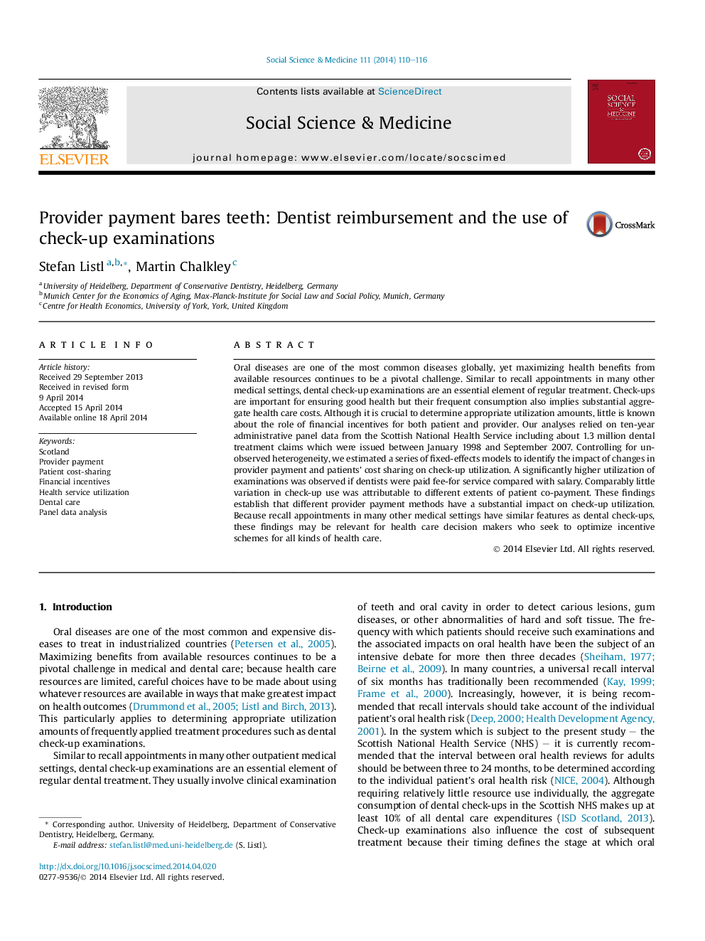 Provider payment bares teeth: Dentist reimbursement and the use of check-up examinations