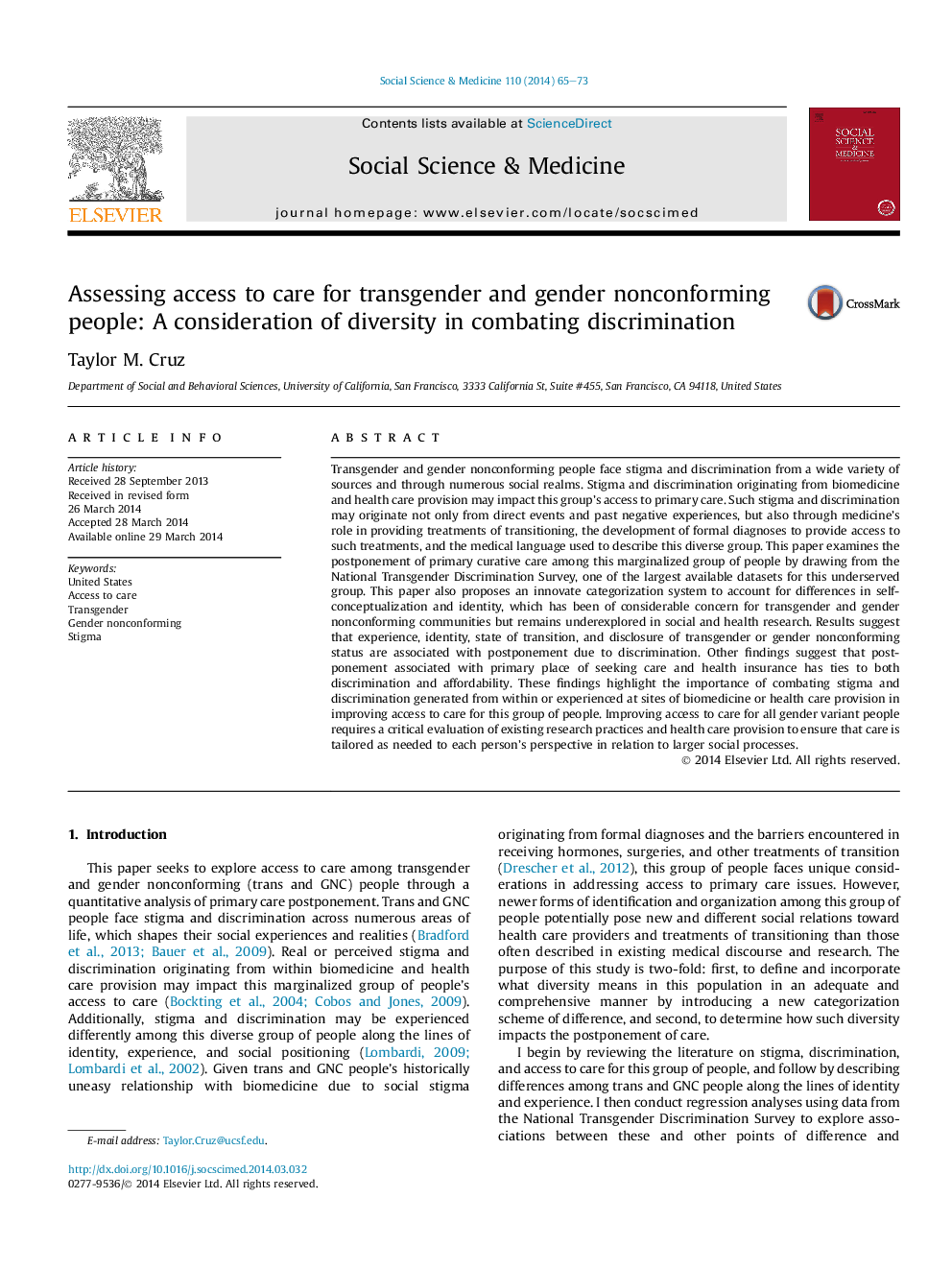 Assessing access to care for transgender and gender nonconforming people: A consideration of diversity in combating discrimination