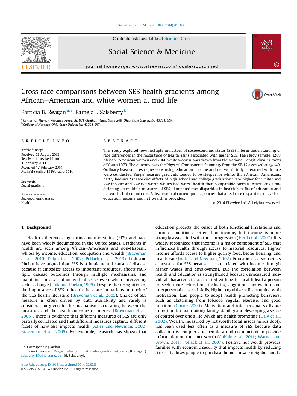 Cross race comparisons between SES health gradients among African-American and white women at mid-life