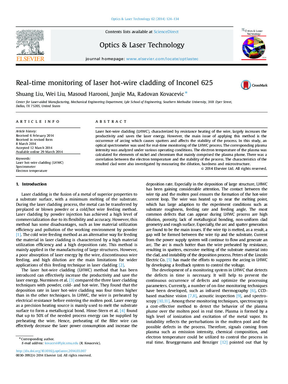 Real-time monitoring of laser hot-wire cladding of Inconel 625