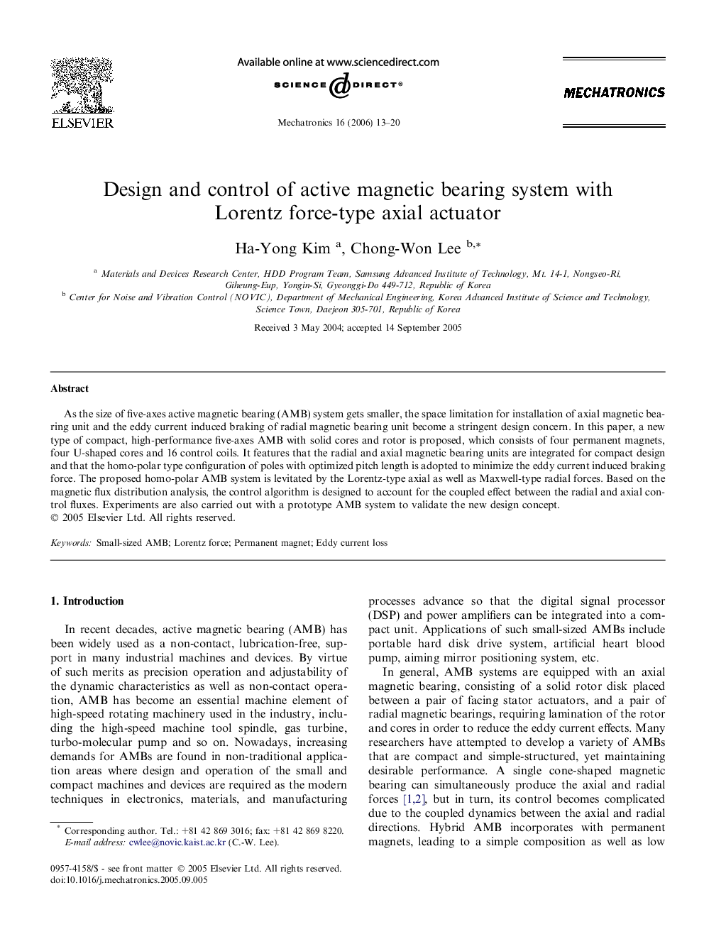 Design and control of active magnetic bearing system with Lorentz force-type axial actuator