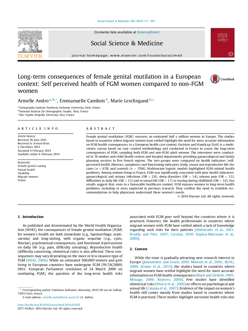 Long-term consequences of female genital mutilation in a European context: Self perceived health of FGM women compared to non-FGM women