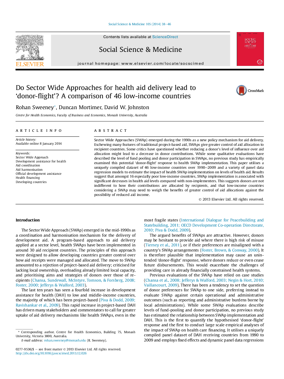 Do Sector Wide Approaches for health aid delivery lead to 'donor-flight'? A comparison of 46 low-income countries