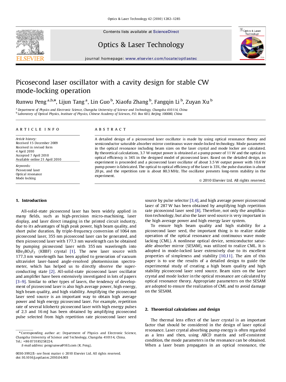 Picosecond laser oscillator with a cavity design for stable CW mode-locking operation