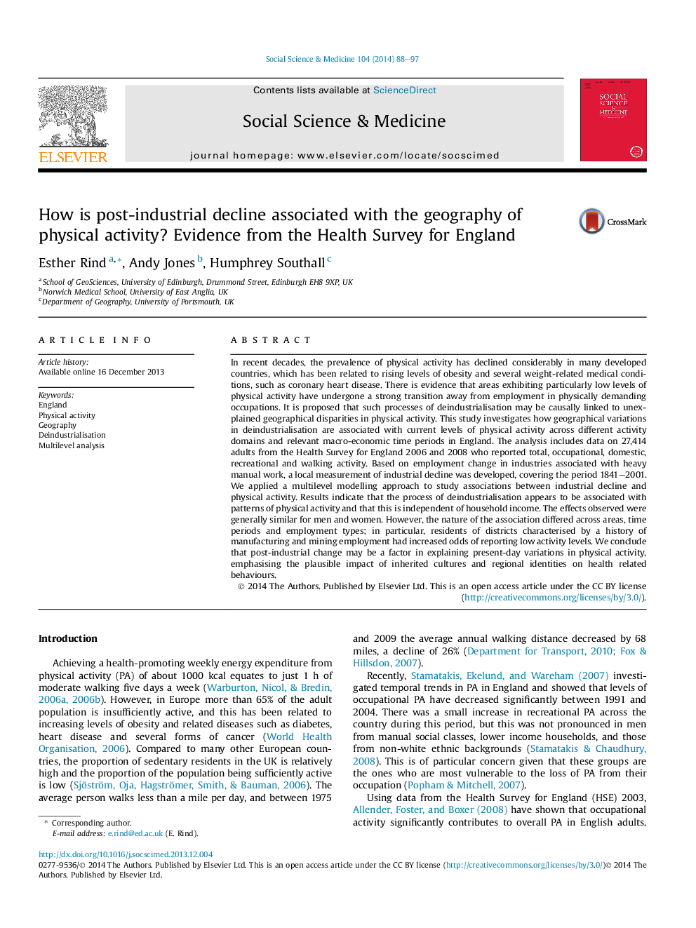 How is post-industrial decline associated with the geography of physical activity? Evidence from the Health Survey for England