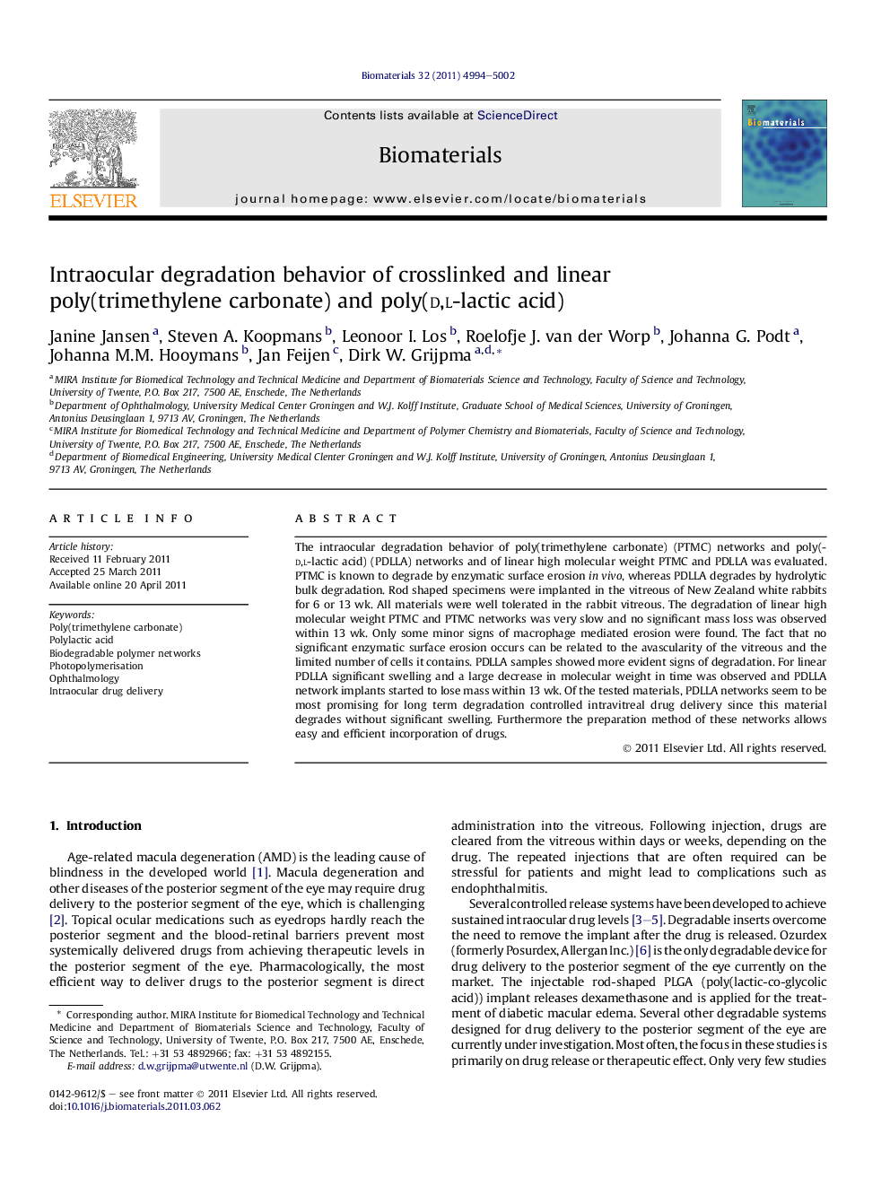 Intraocular degradation behavior of crosslinked and linear poly(trimethylene carbonate) and poly(d,l-lactic acid)