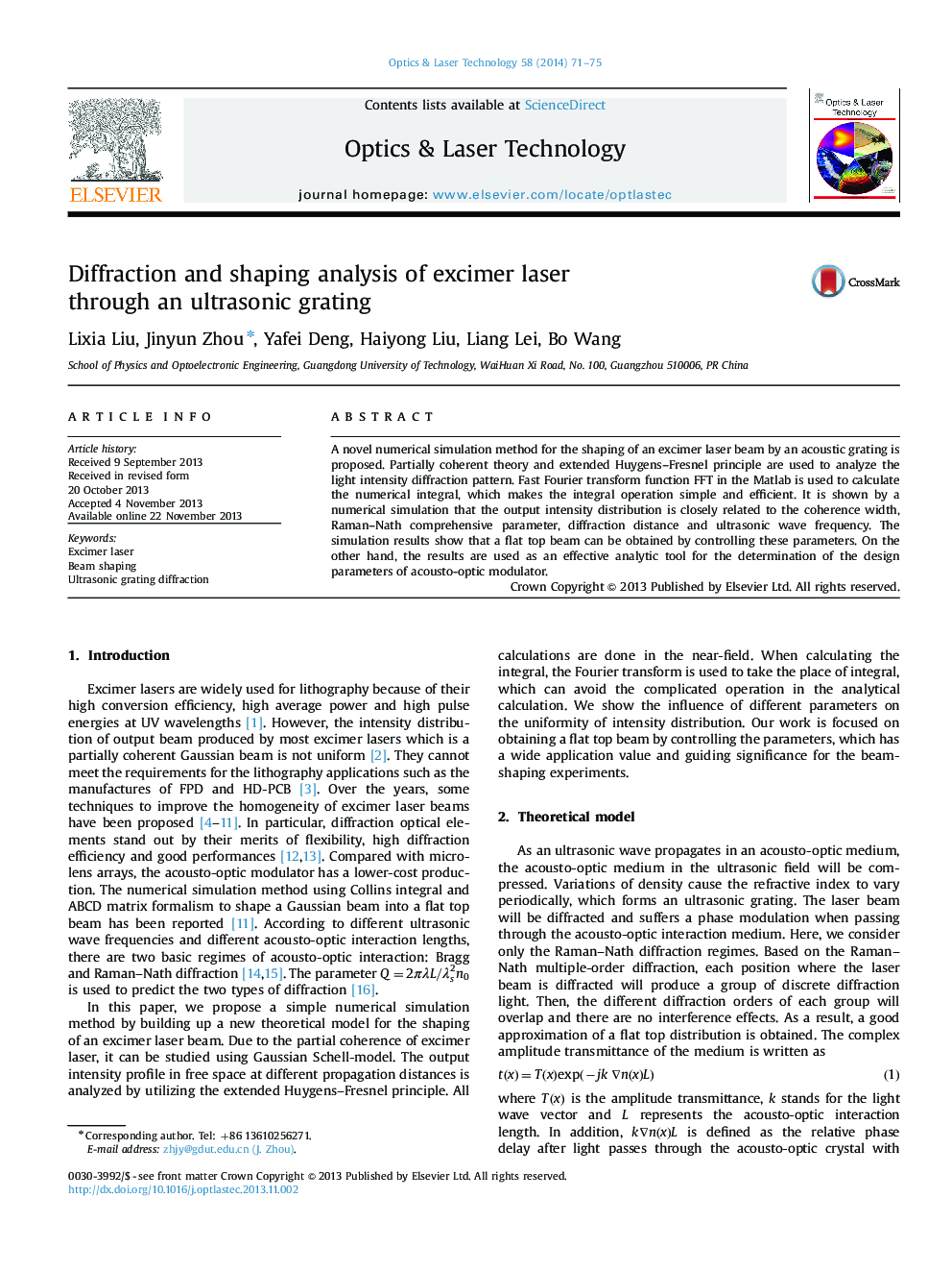 Diffraction and shaping analysis of excimer laser through an ultrasonic grating