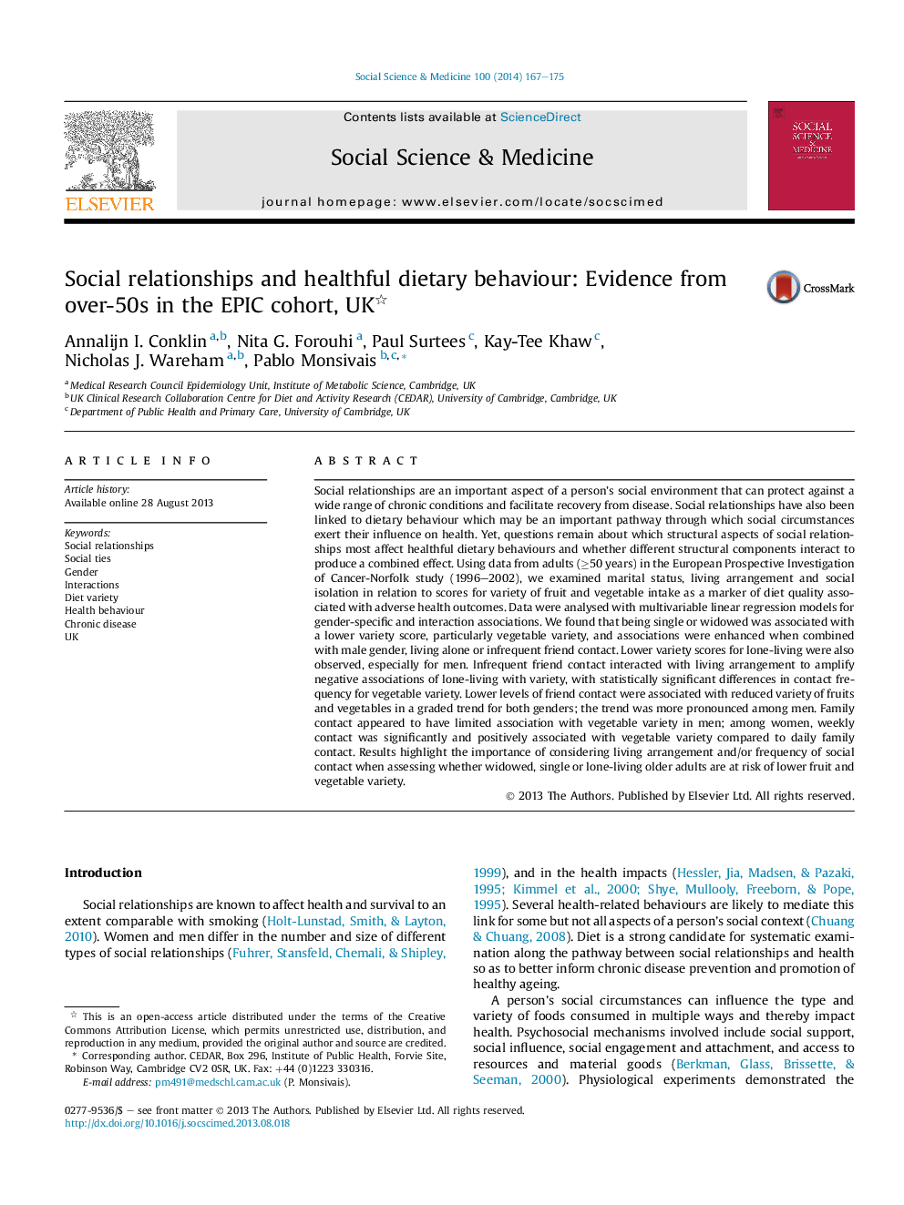 Social relationships and healthful dietary behaviour: Evidence from over-50s in the EPIC cohort, UK