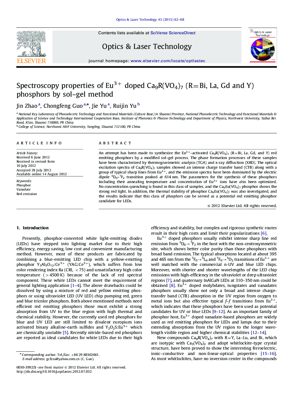 Spectroscopy properties of Eu3+ doped Ca9R(VO4)7 (R=Bi, La, Gd and Y) phosphors by sol–gel method