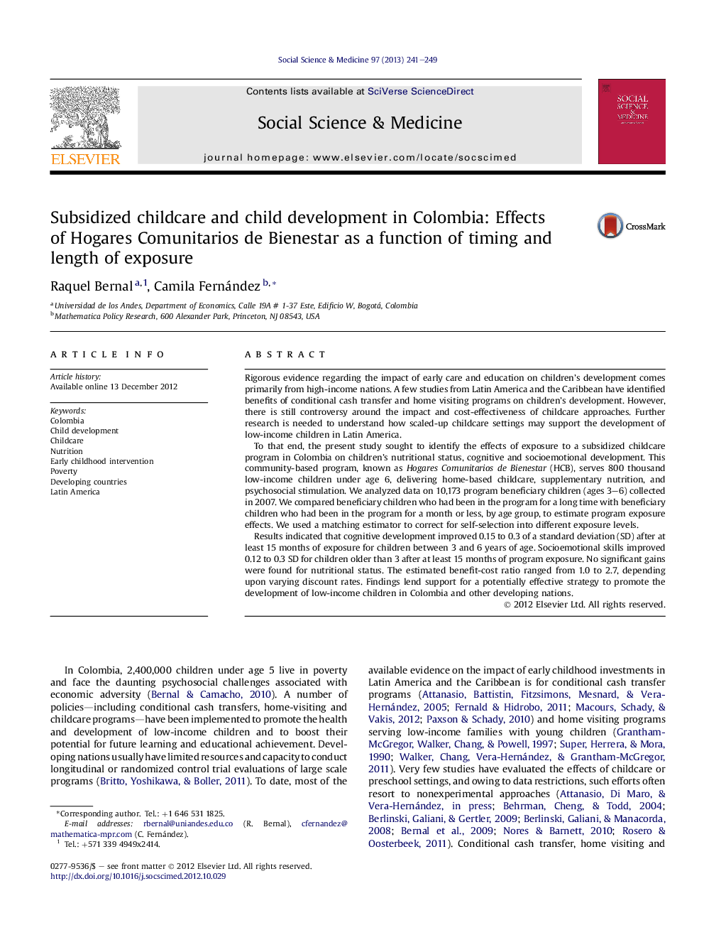 Subsidized childcare and child development in Colombia: Effects ofÂ Hogares Comunitarios de Bienestar as a function of timing and length of exposure