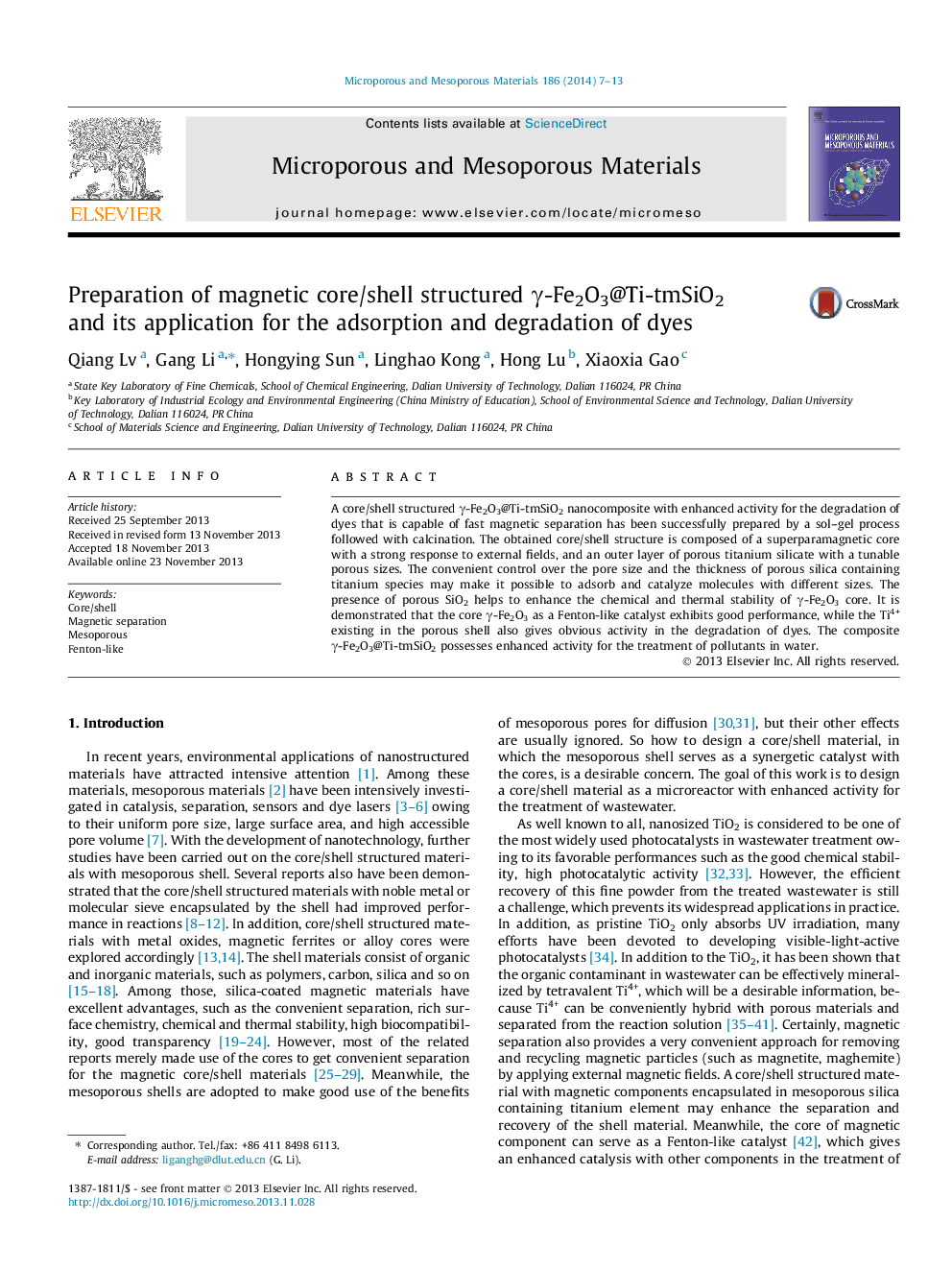 Preparation of magnetic core/shell structured γ-Fe2O3@Ti-tmSiO2 and its application for the adsorption and degradation of dyes