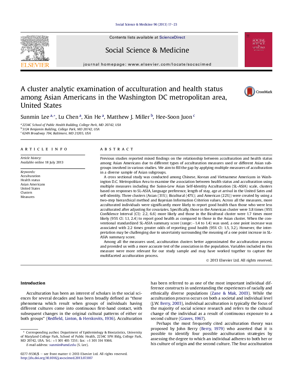 A cluster analytic examination of acculturation and health status among Asian Americans in the Washington DC metropolitan area, United States