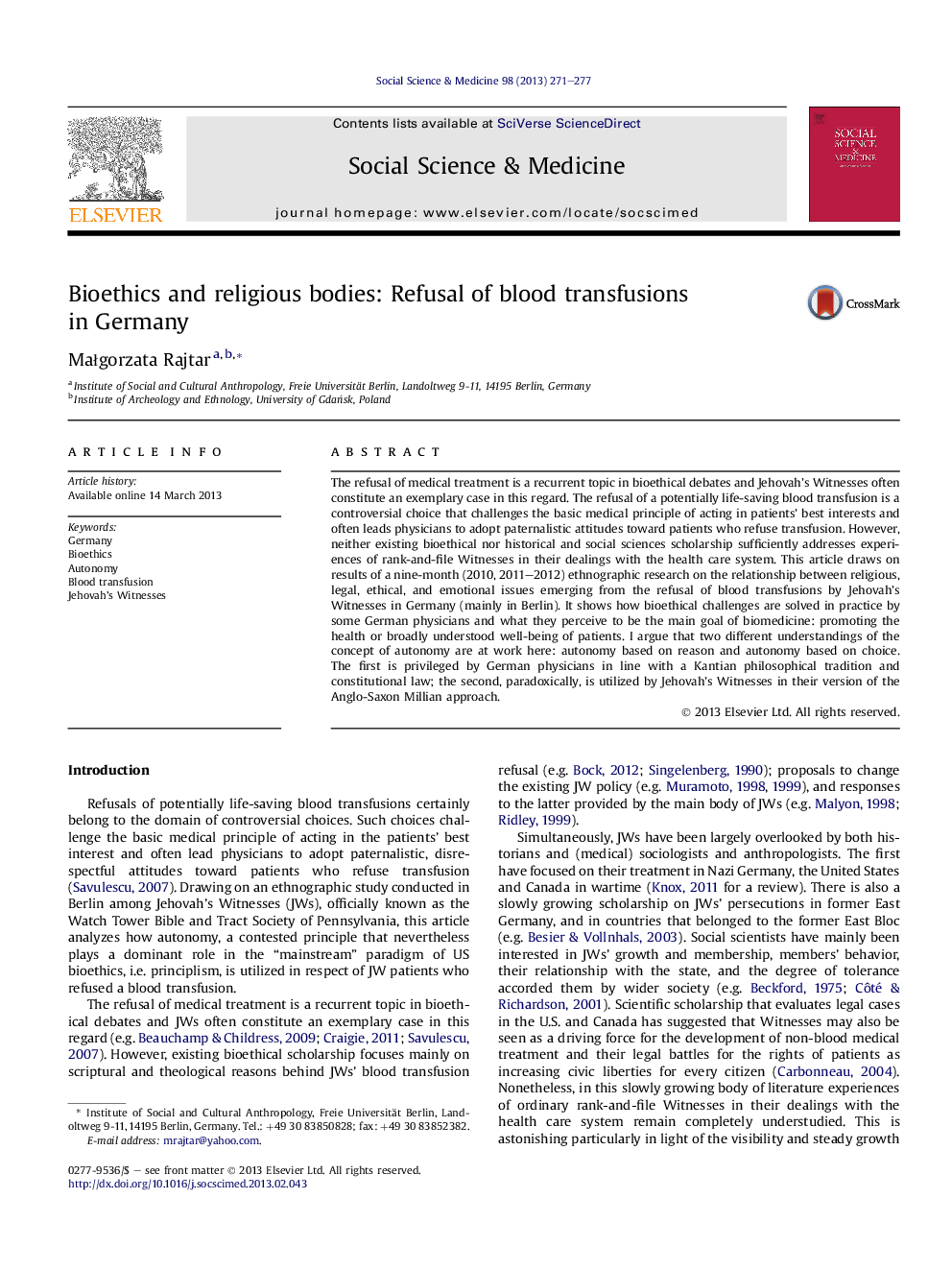 Bioethics and religious bodies: Refusal of blood transfusions in Germany