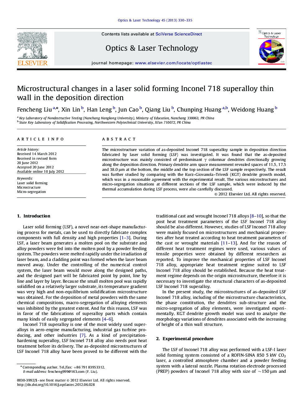 Microstructural changes in a laser solid forming Inconel 718 superalloy thin wall in the deposition direction