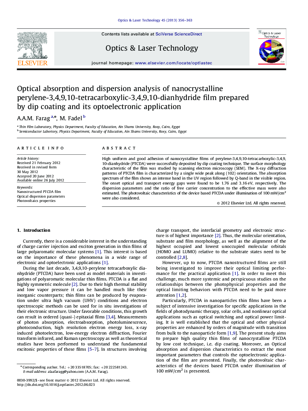 Optical absorption and dispersion analysis of nanocrystalline perylene-3,4,9,10-tetracarboxylic-3,4,9,10-dianhydride film prepared by dip coating and its optoelectronic application