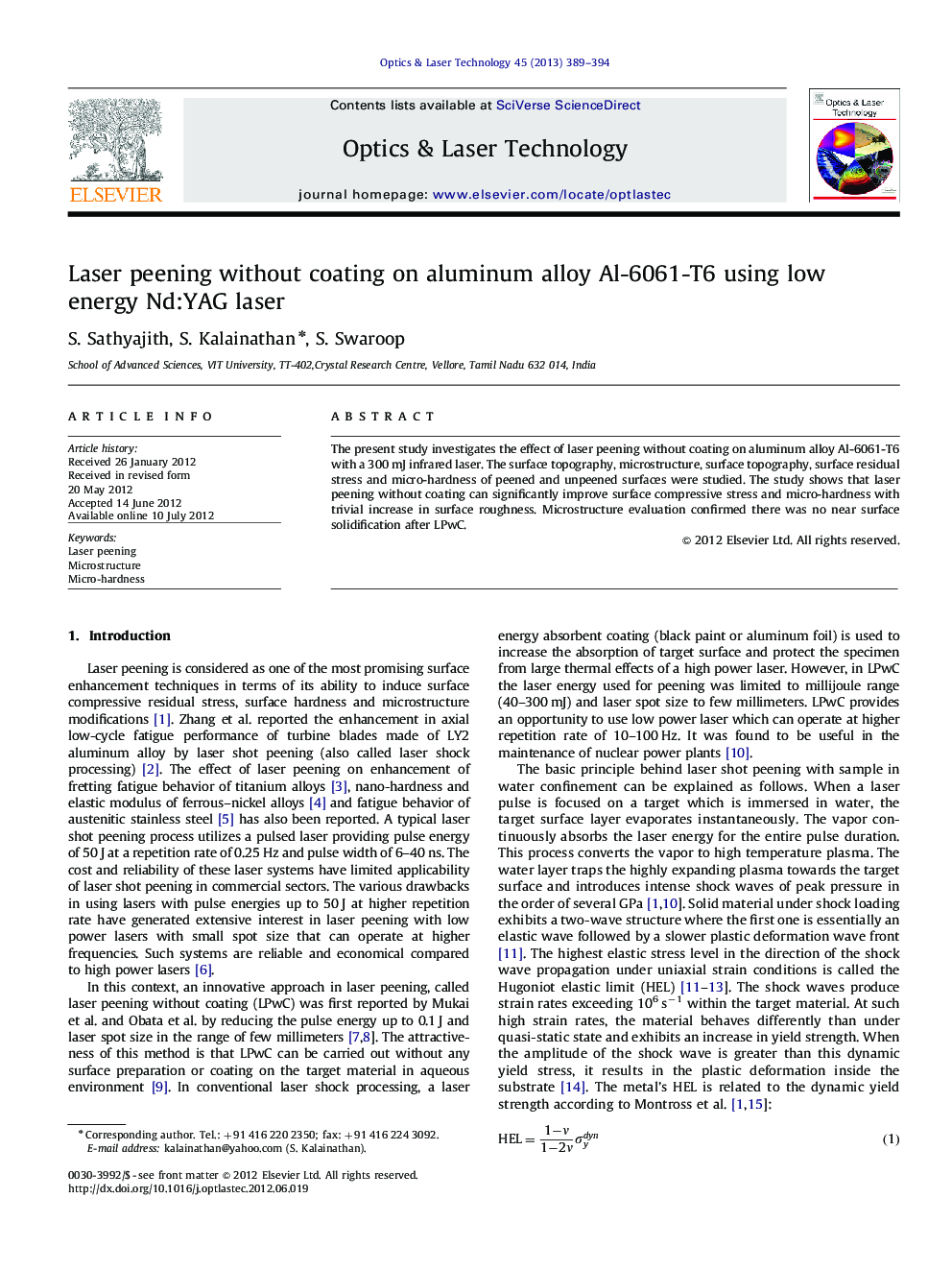 Laser peening without coating on aluminum alloy Al-6061-T6 using low energy Nd:YAG laser