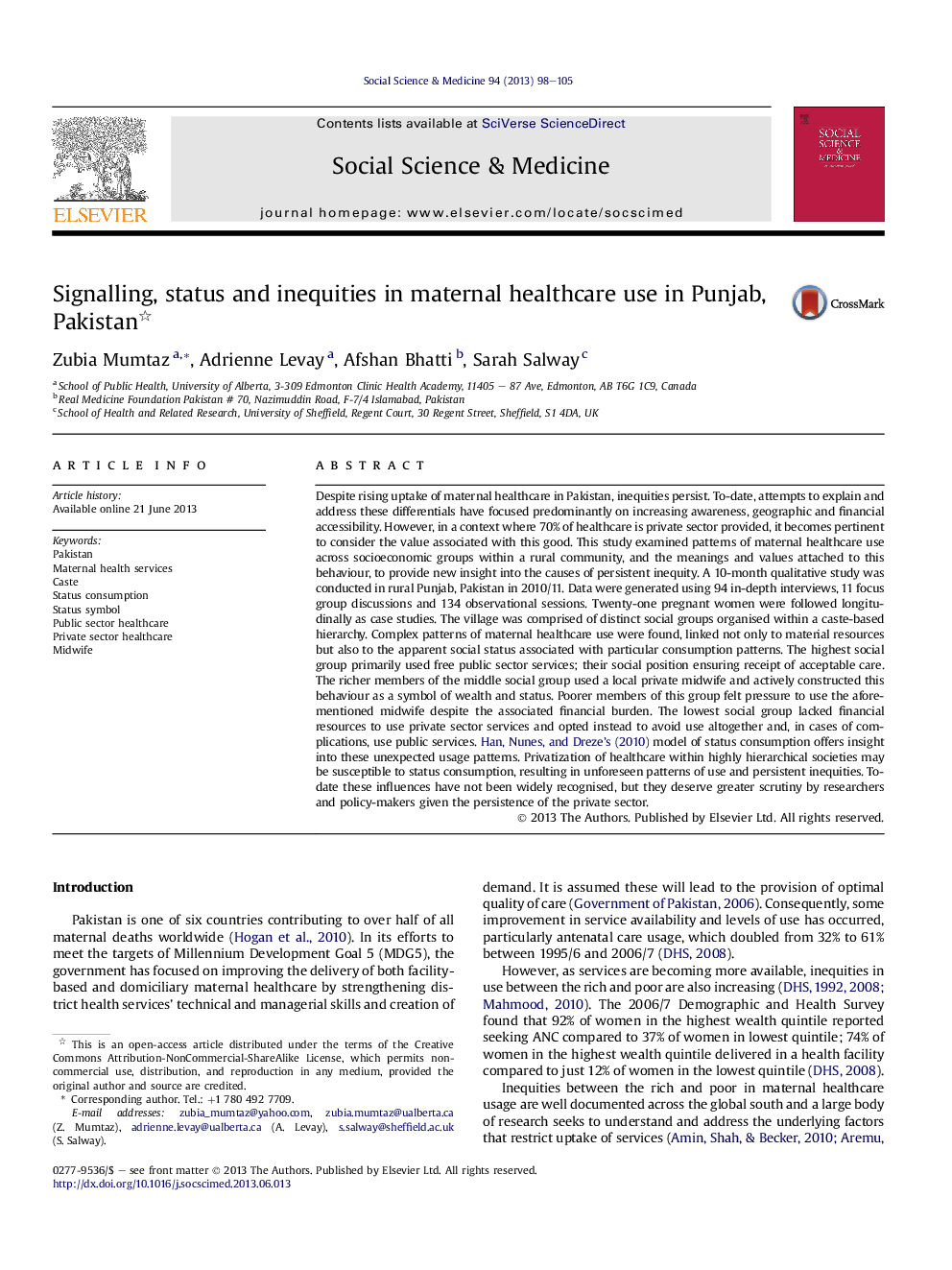 Signalling, status and inequities in maternal healthcare use in Punjab, Pakistan