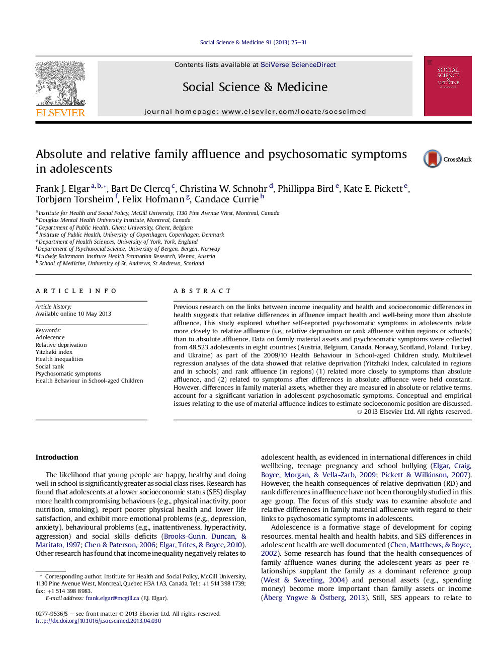 Absolute and relative family affluence and psychosomatic symptoms in adolescents