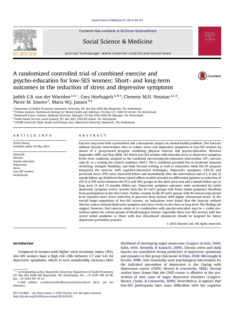 A randomized controlled trial of combined exercise and psycho-education for low-SES women: Short- and long-term outcomes in the reduction of stress and depressive symptoms