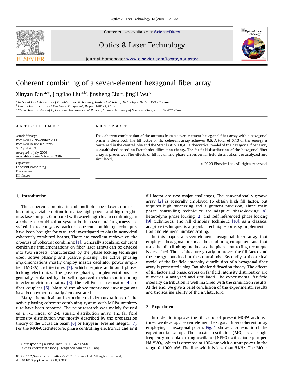 Coherent combining of a seven-element hexagonal fiber array