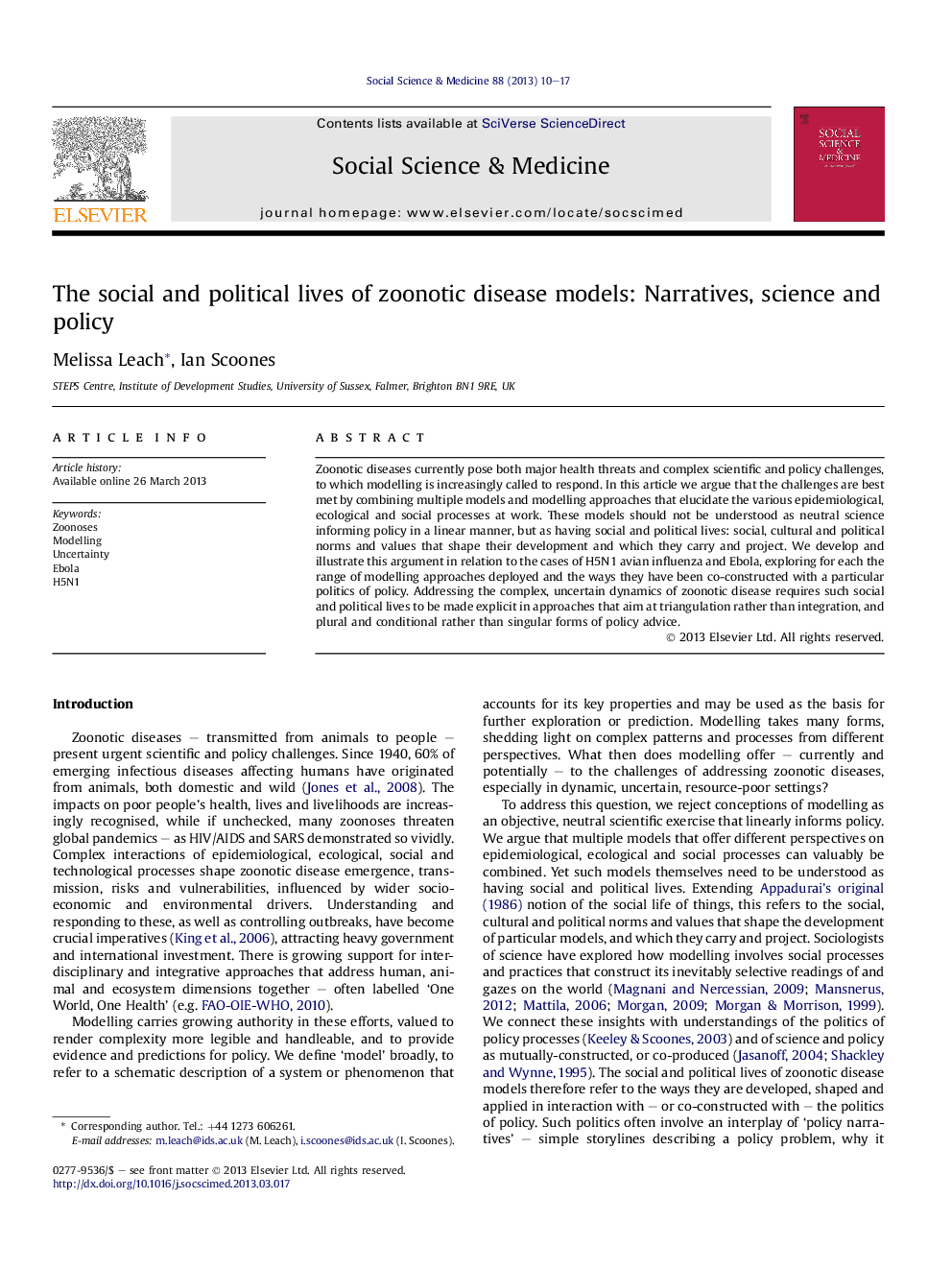 The social and political lives of zoonotic disease models: Narratives, science and policy