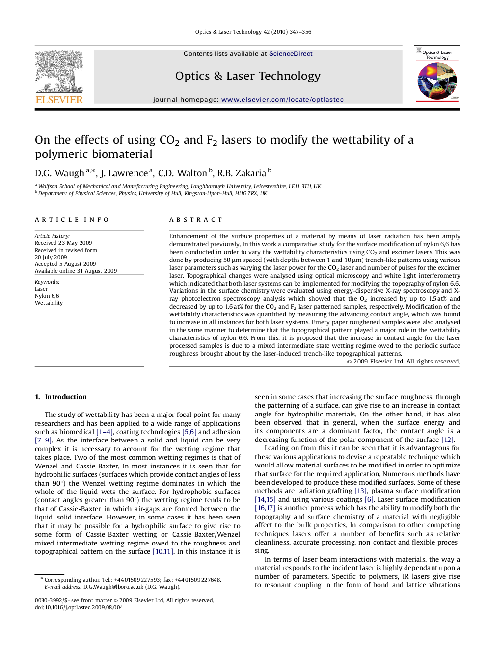 On the effects of using CO2 and F2 lasers to modify the wettability of a polymeric biomaterial